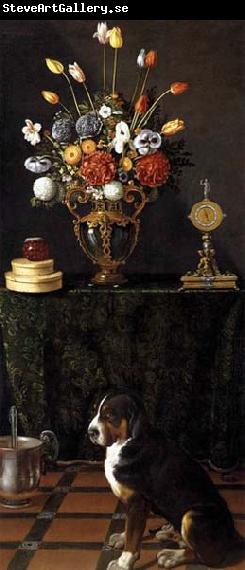 HAMEN, Juan van der Still Life with Flowers and a Dog